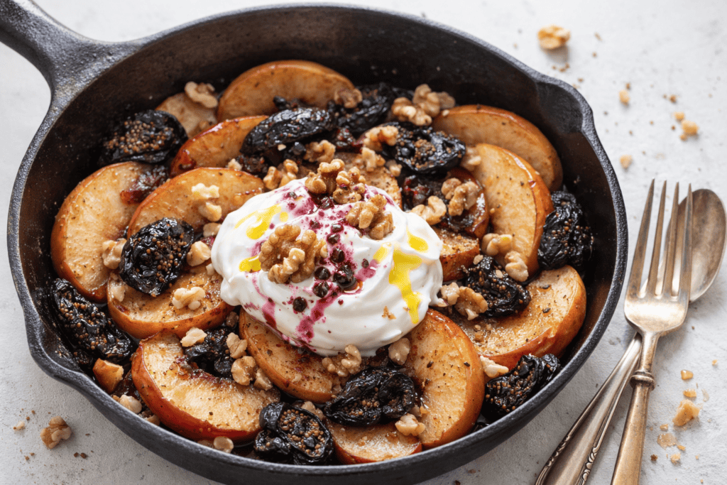Delicious baked apples topped with walnuts, dried prunes, and a dollop of yogurt, served in a cast i.
