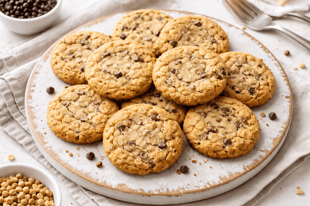 Freshly baked chocolate chip cookies on a white plate with scattered chocolate chips.