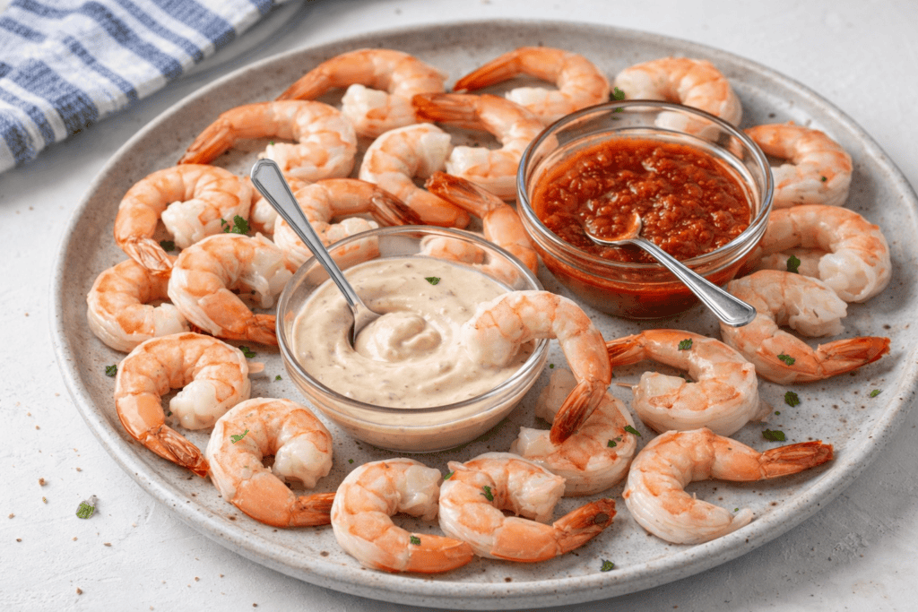 Shrimp platter with creamy dipping sauce and spicy cocktail sauce.