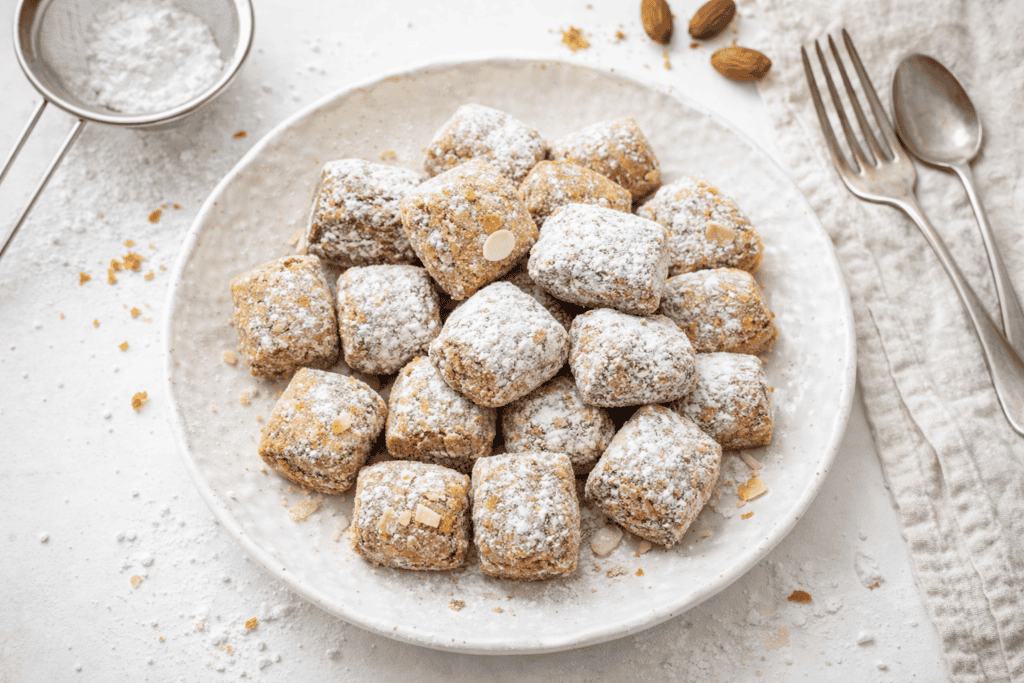 Delicious almond turron cookies dusted with powdered sugar on a white plate. Perfect for holiday des.