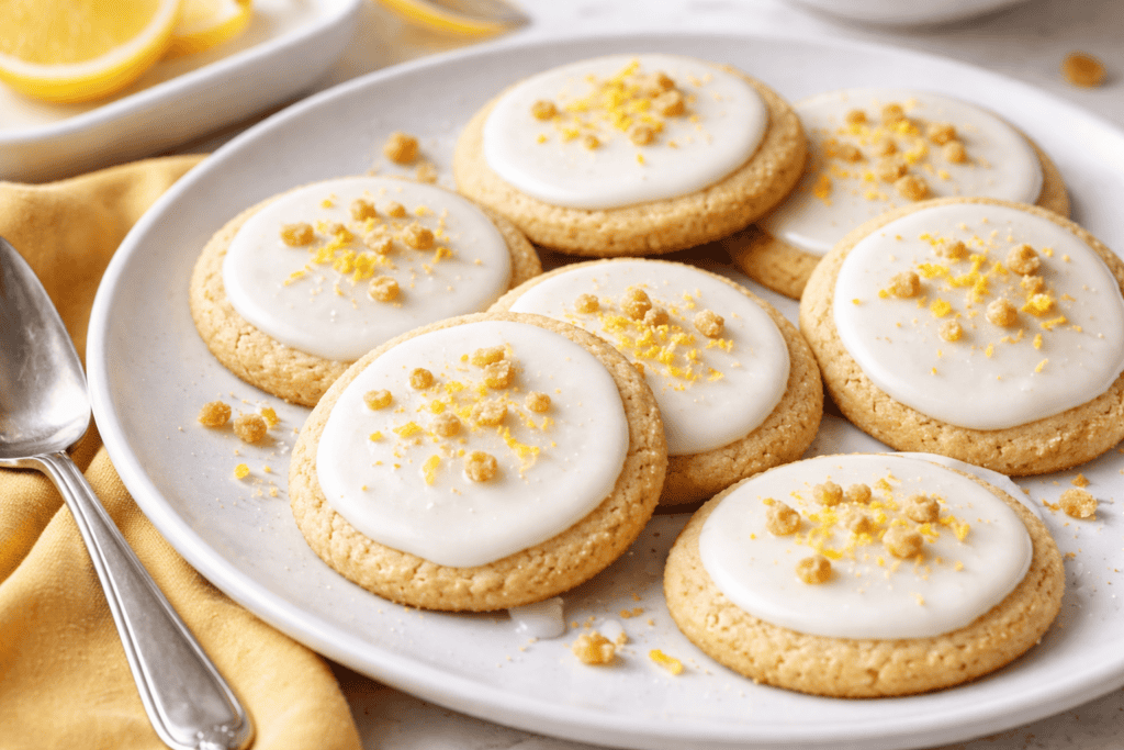Delicious lemon shortbread cookies topped with sweet icing and lemon zest, perfect for tea or desser.