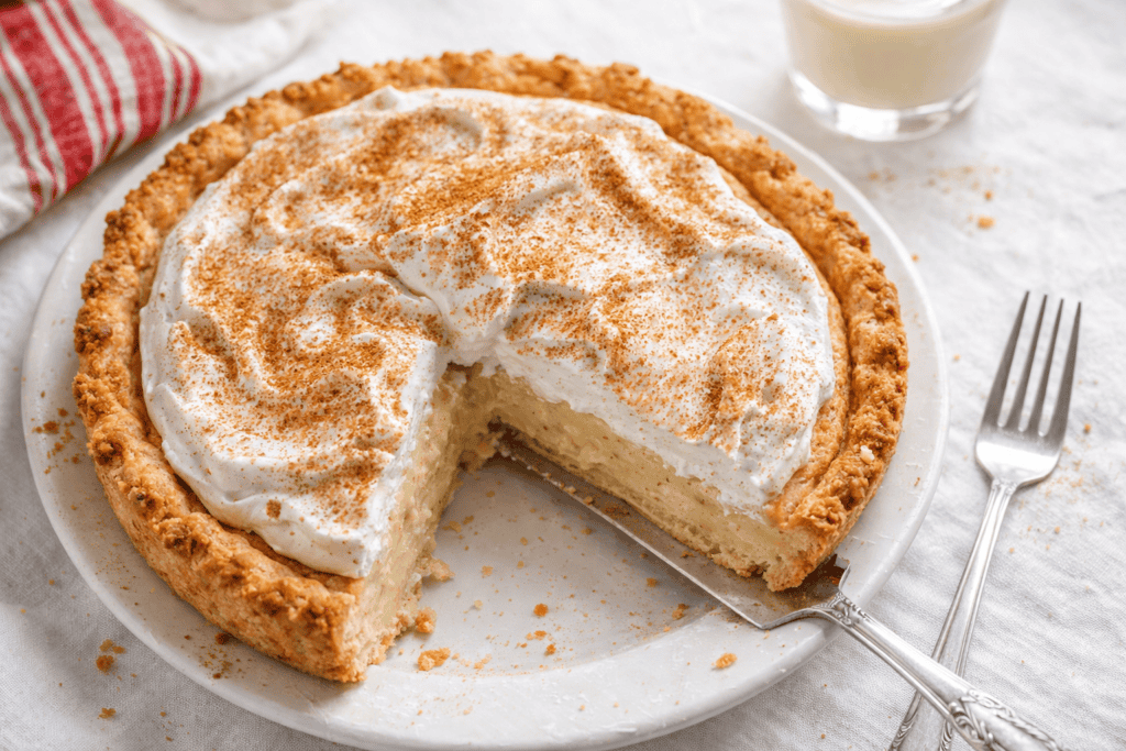Lemon meringue pie with toasted meringue topping on a white plate.