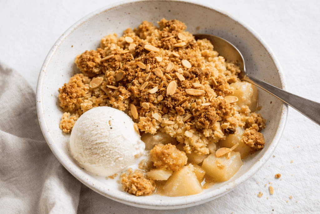 Delicious sweet potato crisp topped with almonds and served with vanilla ice cream.