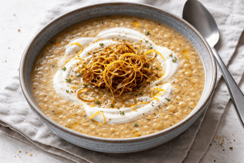 Delicious creamy lentil soup garnished with crispy onions and herbs.