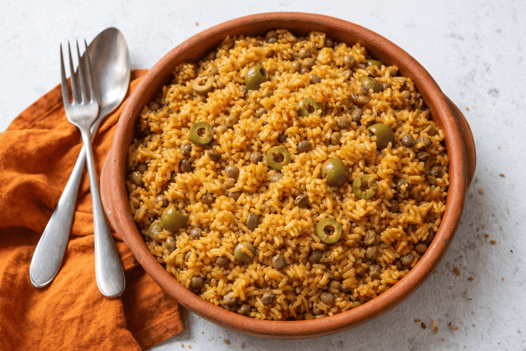 Delicious lentil and rice casserole with green peas in a rustic bowl, perfect for healthy meals.