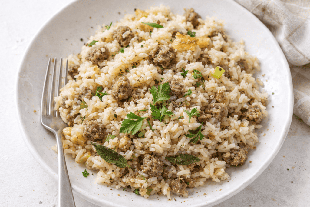 Delicious sausage and rice skillet with herbs, perfect for quick and hearty meals.