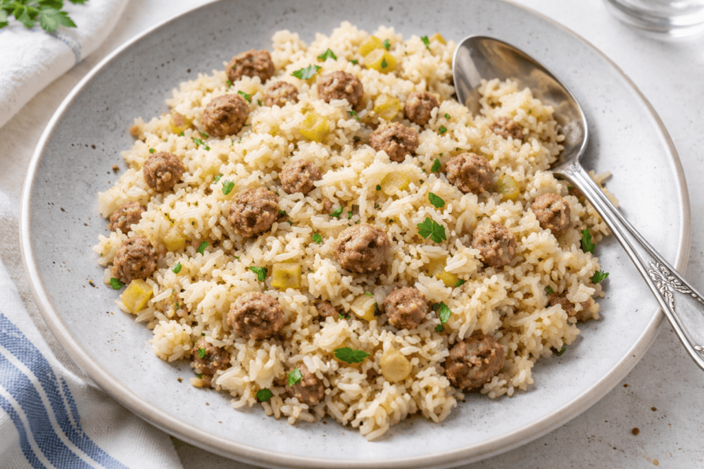 Delicious sausage and rice casserole with herbs and vegetables.