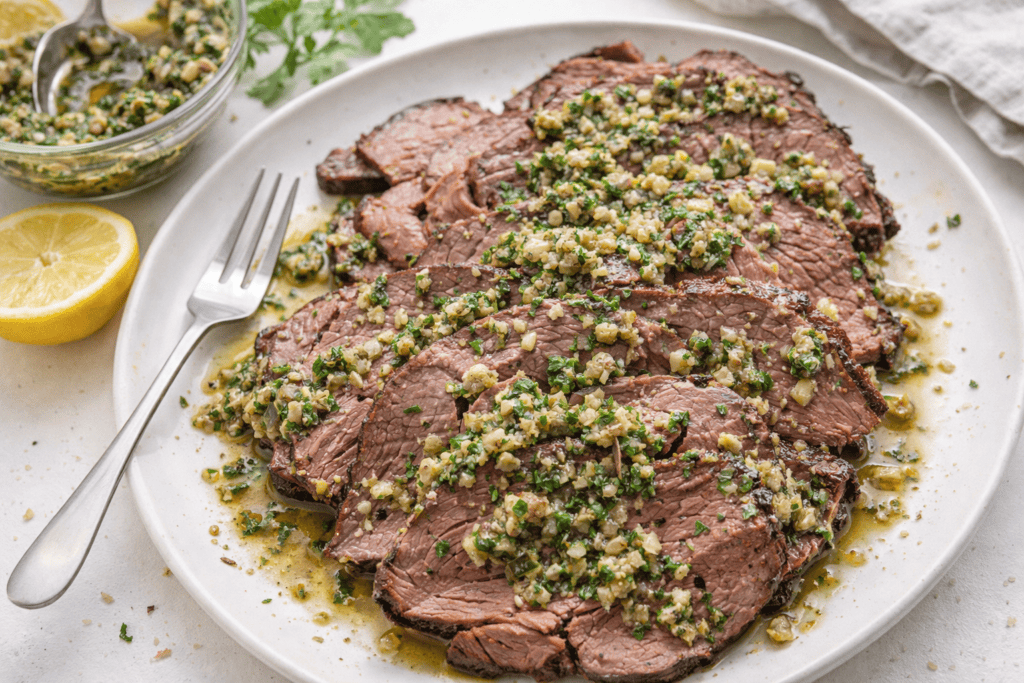 Delicious herb-crusted roast beef with garlic and fresh herbs, served with a flavorful sauce. Perfec.