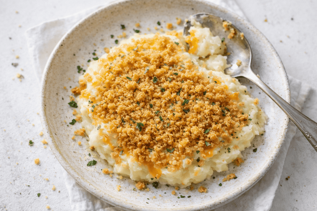 Creamy mashed potatoes topped with golden breadcrumbs and herbs, perfect for comfort food lovers.
