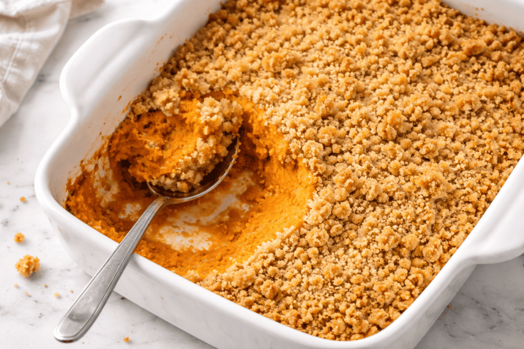 Delicious pumpkin crumble in a white baking dish with a golden, crumbly topping. Perfect for fall de.