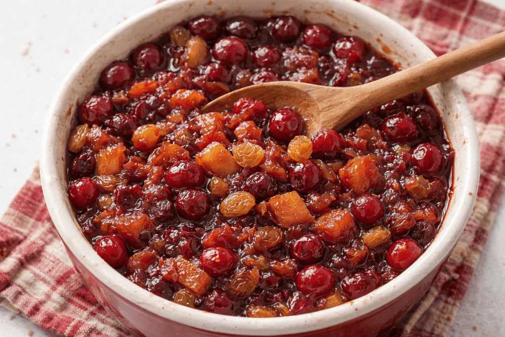 Delicious homemade cranberry fruit compote in a bowl with a wooden spoon.