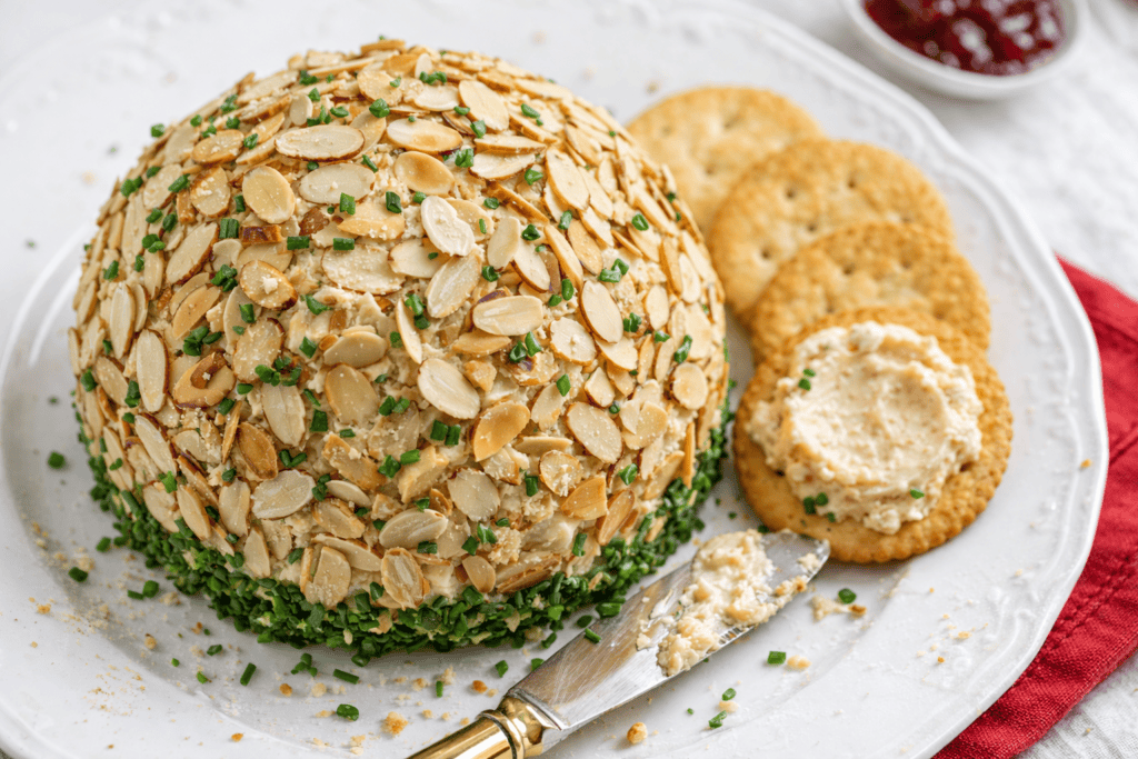 Almond cheese ball with sliced almonds and herbs on a white plate.