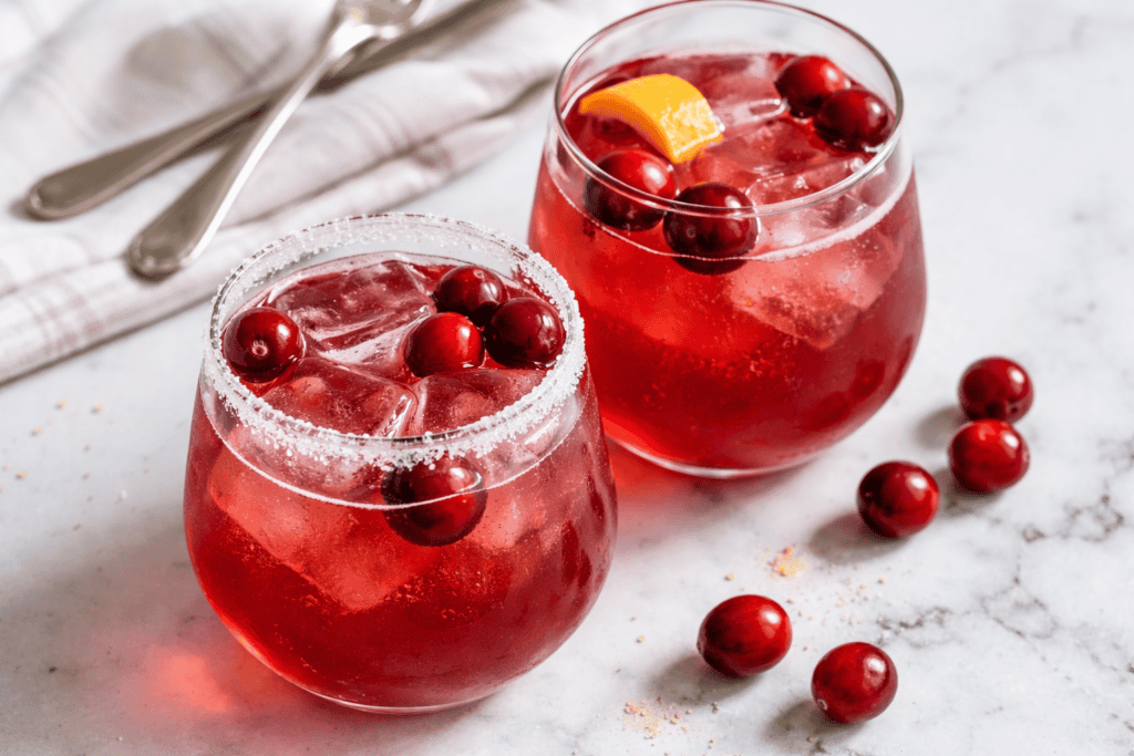 Refreshing cranberry citrus punch with fresh fruit and ice in glasses.