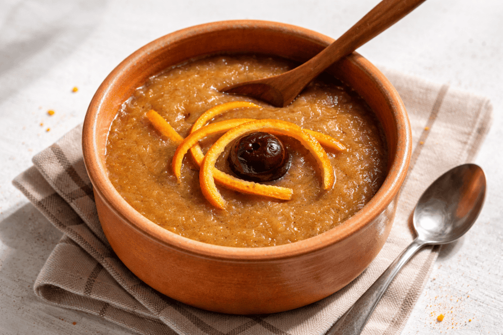 Healthy apple cinnamon oatmeal in a rustic bowl with orange zest and cherry topping.
