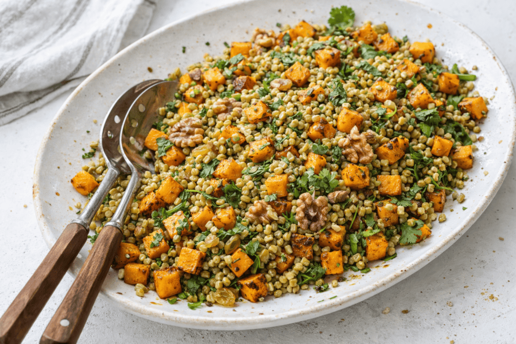 Healthy roasted vegetable grain salad with sweet potatoes and greens.