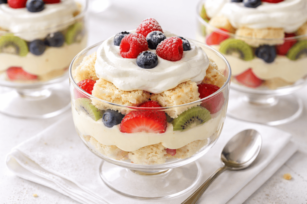 Delicious fruit parfait with whipped cream and fresh berries in a glass.