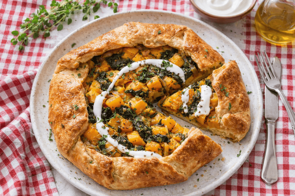 Delicious homemade galette with roasted pumpkin, spinach, and creamy cheese, served on a rustic plat.