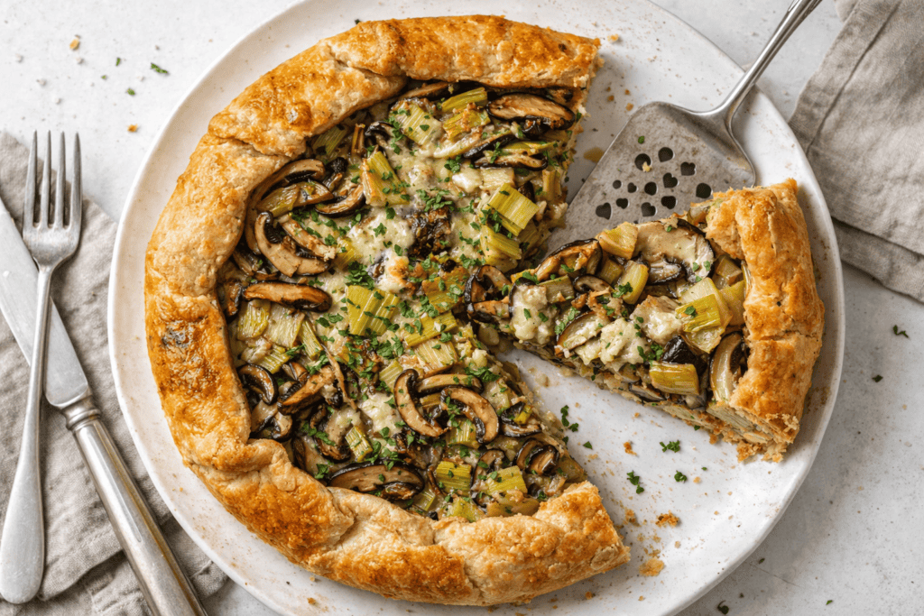 Delicious mushroom and celery galette with a flaky crust, perfect for a savory meal or appetizer.