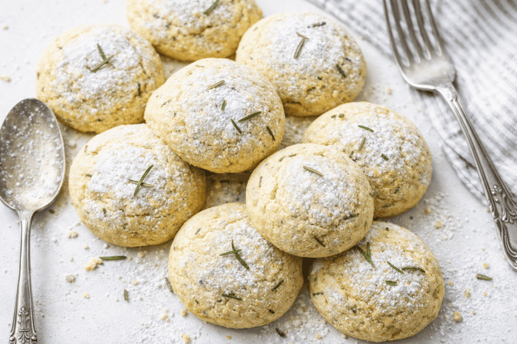 Delicious herb cheese balls dusted with powdered sugar and garnished with fresh herbs.