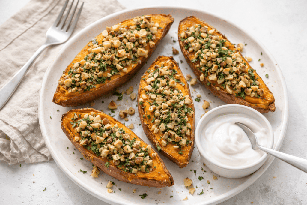 Baked sweet potato halves topped with crushed nuts and herbs, served with a side of yogurt.