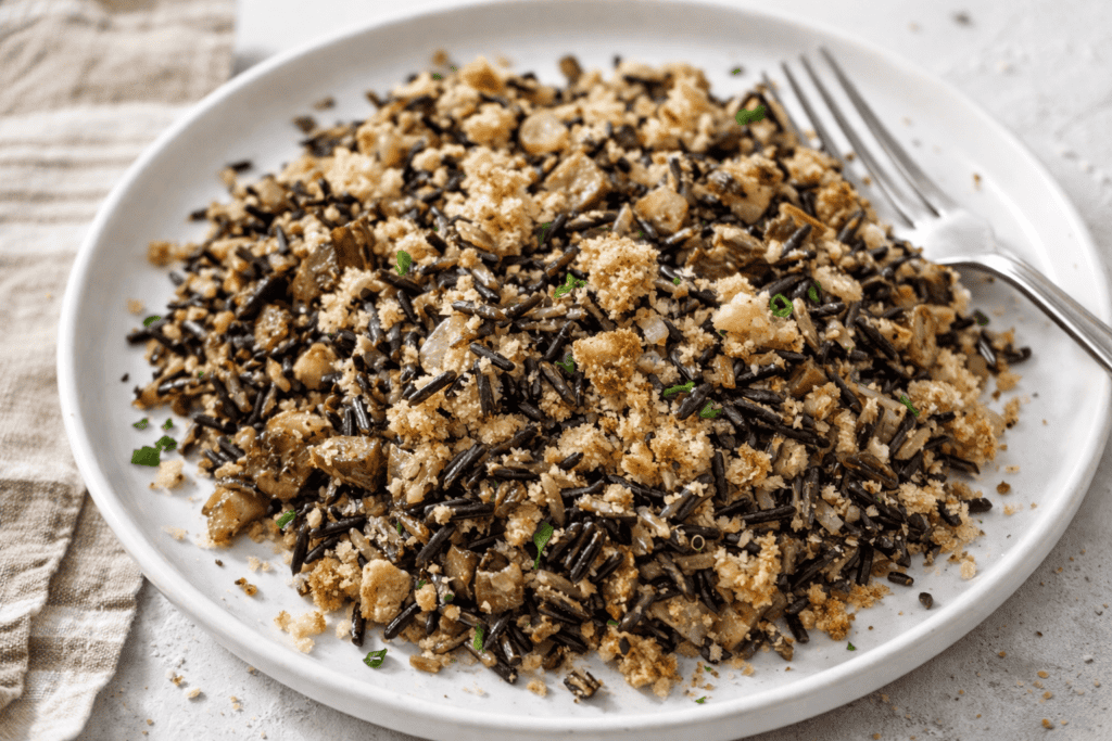 Black rice and mushroom pilaf with breadcrumbs and herbs.