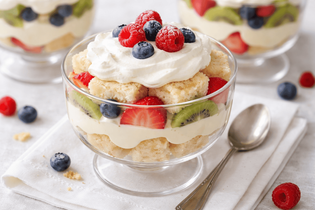 Delicious berry trifle with whipped cream, sponge cake, and fresh berries in a glass dish.