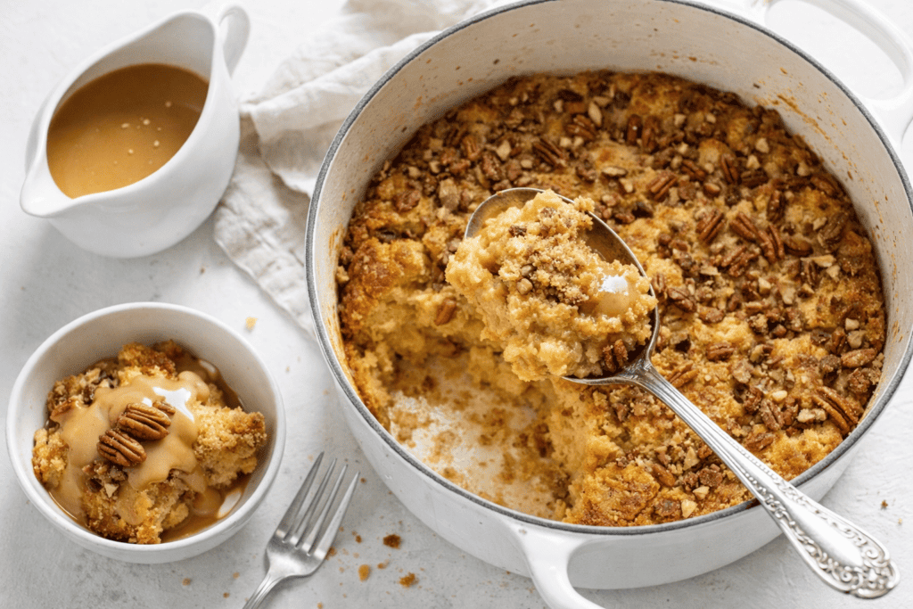 Delicious bread pudding with caramel sauce and pecans in a white baking dish.