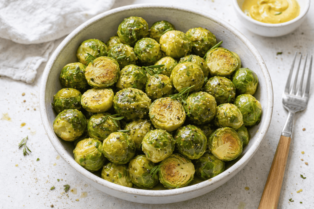 Roasted Brussels sprouts with herbs, perfect for healthy side dishes or snacks.