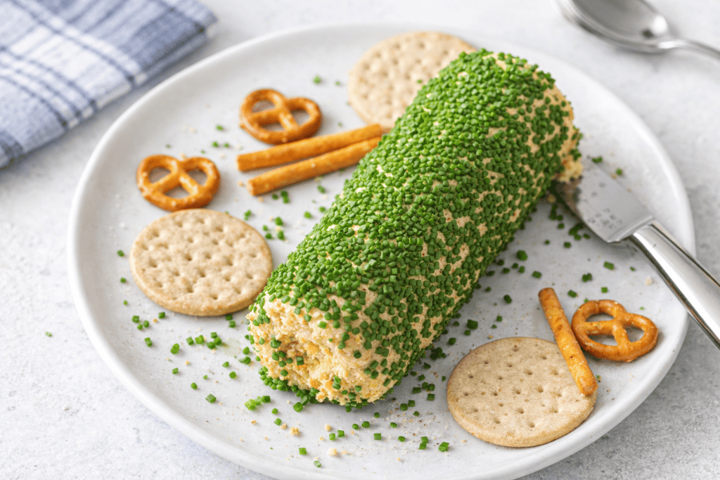 Bright green roll cake with sprinkles and crackers on a white plate.