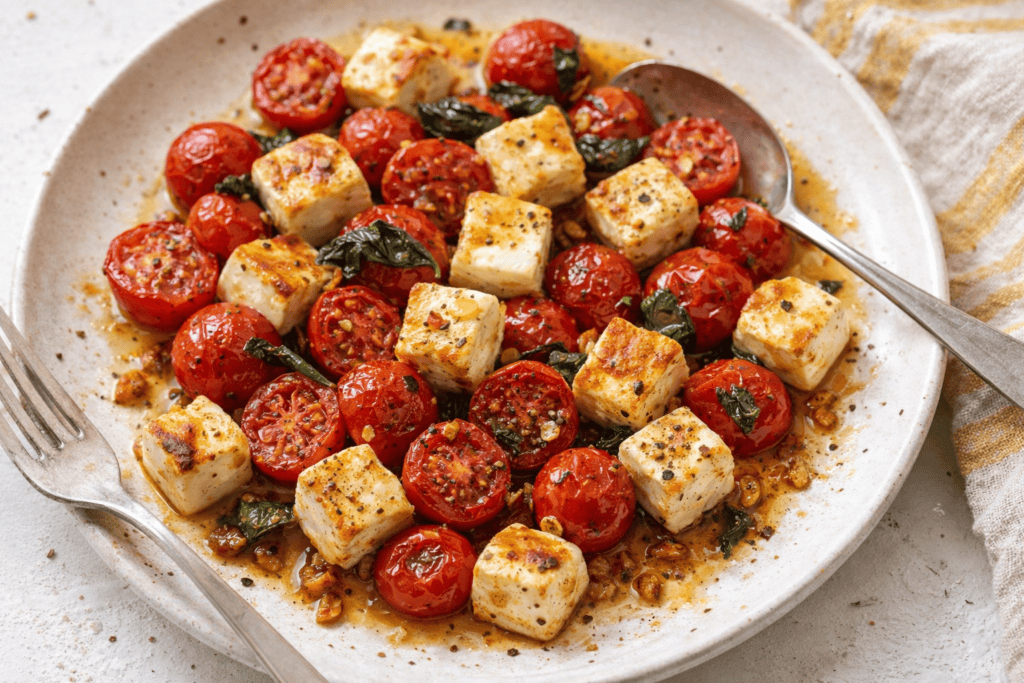 Fresh cherry tomatoes and tofu cubes on a white plate.