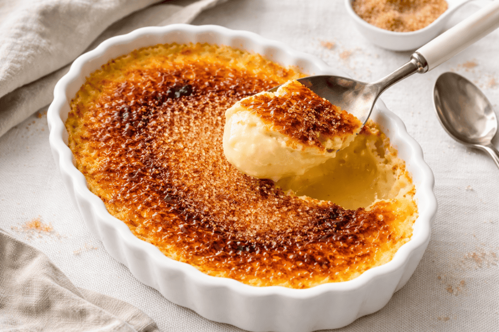 Delicious crème brûlée with caramelized sugar topping in a white ramekin.