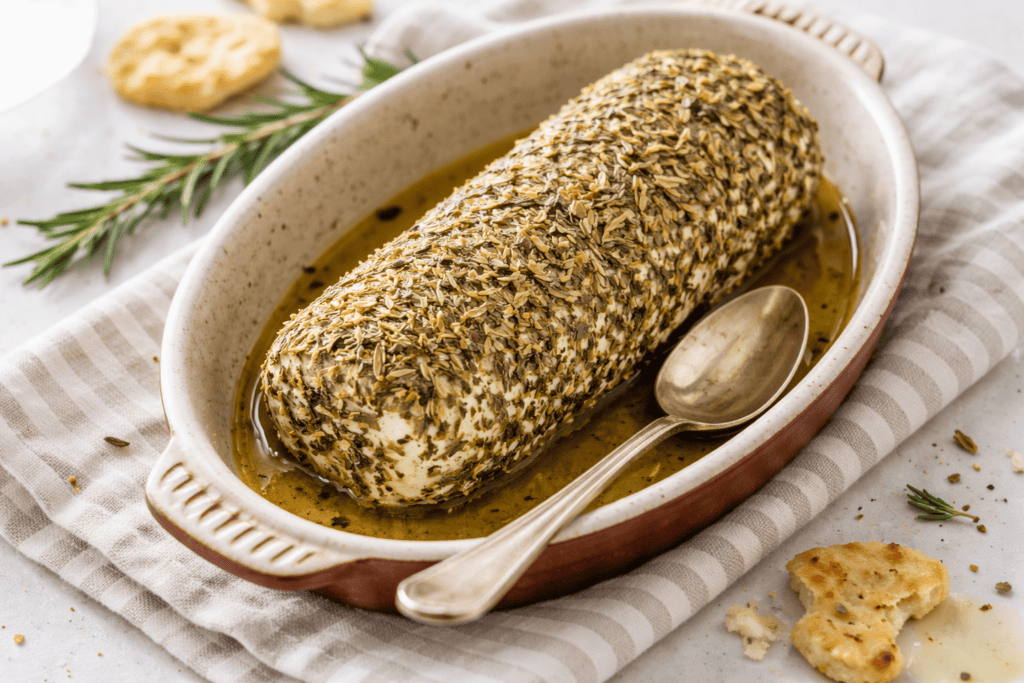Herb-crusted baked salmon fillet in olive oil on a ceramic dish with herbs and bread crumbs.