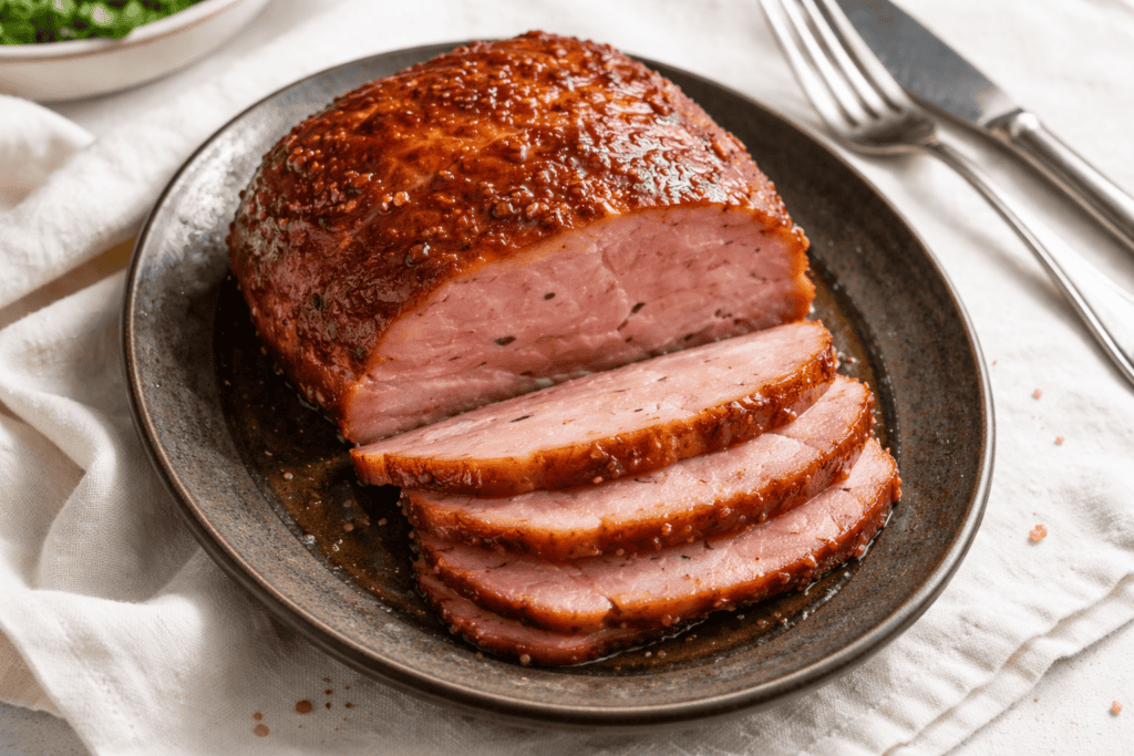 Ham with caramelized glaze, sliced for serving.
