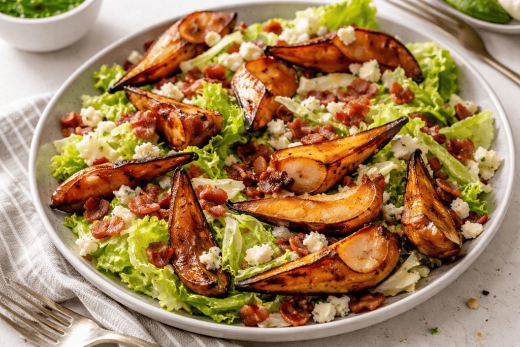 Delicious grilled chicken and crispy bacon salad with fresh greens, feta cheese, and a tangy vinaigr.