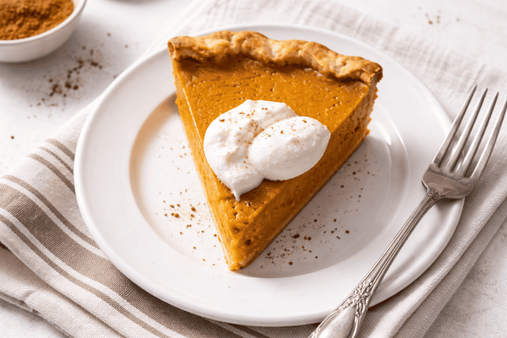 Pumpkin pie with whipped cream on a white plate, perfect for fall desserts.
