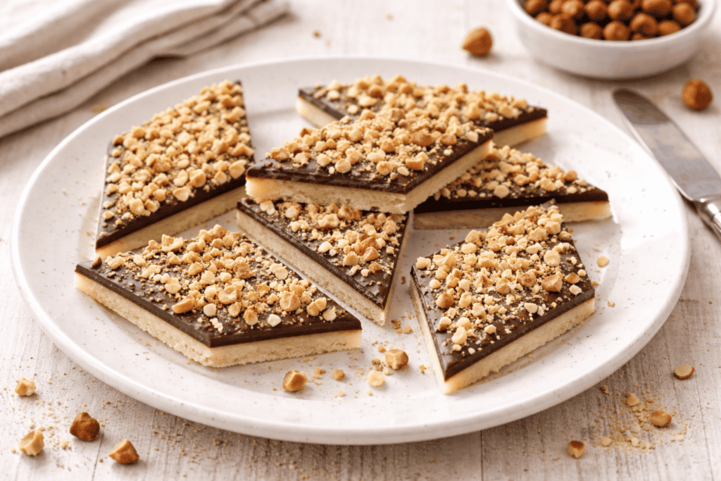 Delicious layered cheesecake bars with chocolate and hazelnuts on a white plate.