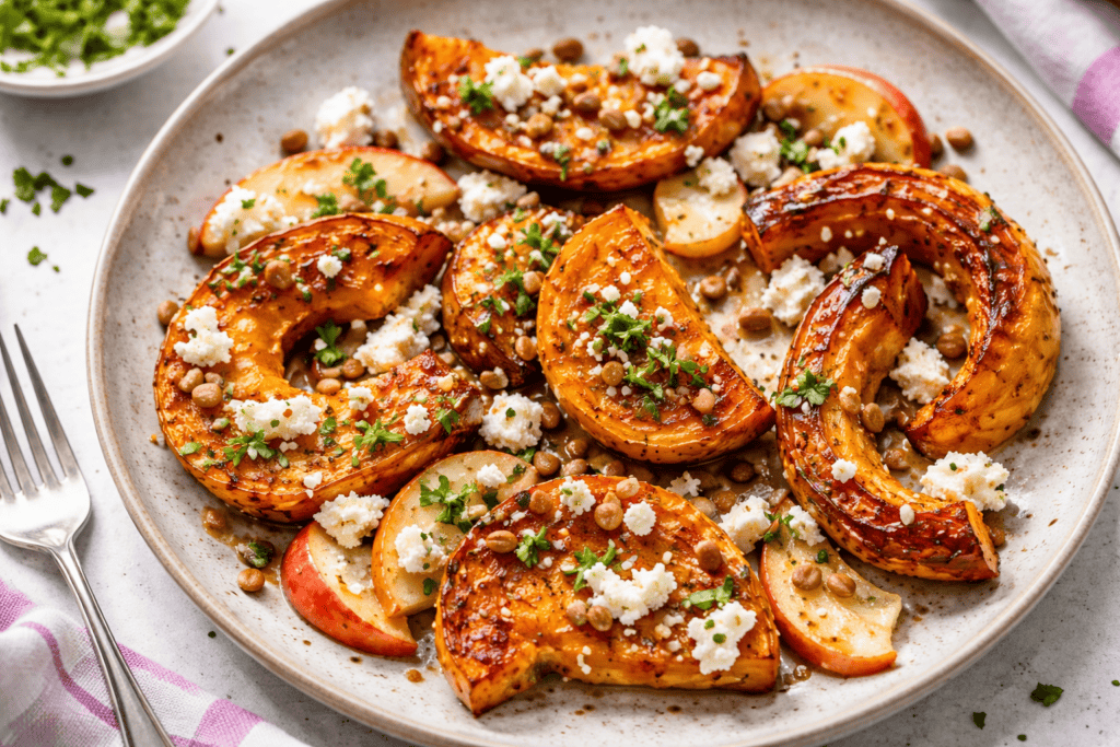 Delicious roasted butternut squash and apple salad with feta and herbs.