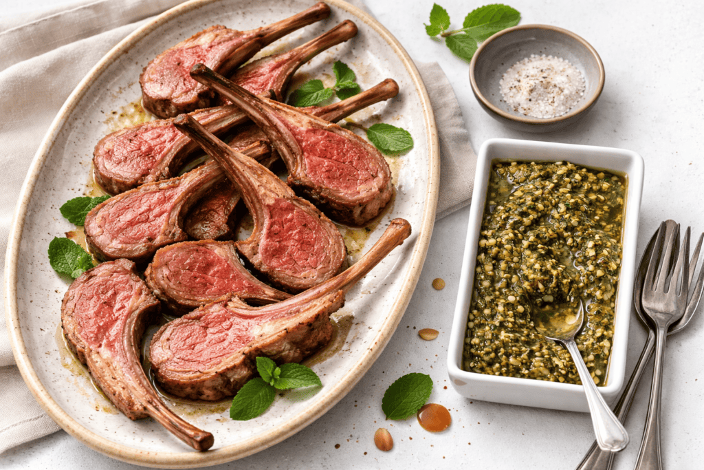 Delicious grilled lamb chops served with fresh herbs and flavorful sauce, perfect for gourmet meals.