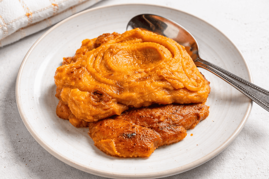 Baked spaghetti squash with marinara sauce on a white plate.