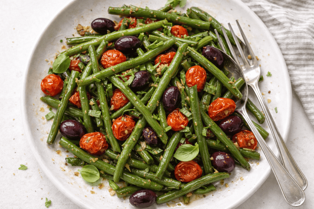 Fresh green bean salad with cherry tomatoes and black olives.