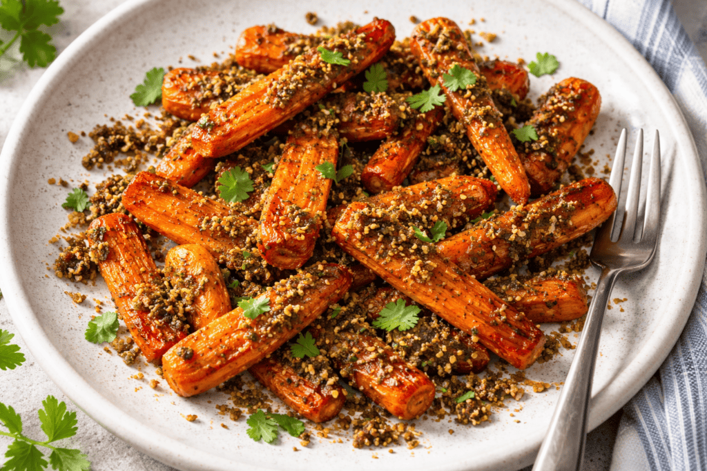 Roasted carrots with herbs and spices, garnished with fresh cilantro on a white plate.