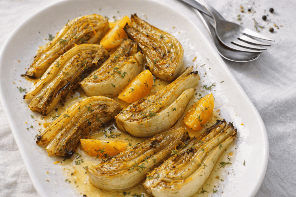 Endive and citrus roasted dish with herbs and olive oil.