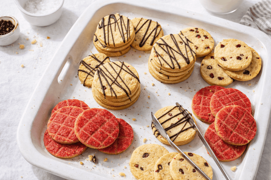 Delicious assorted cookies with chocolate drizzle, red fruit-flavored, and chocolate chip varieties.