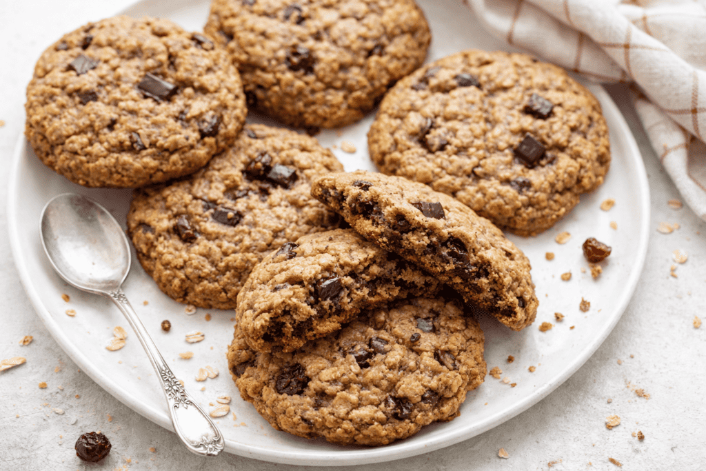 Delicious homemade chocolate chip oatmeal cookies on a white plate.