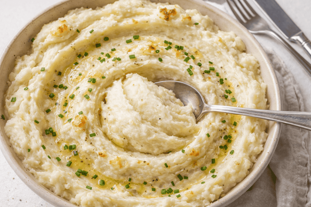 Creamy mashed potatoes garnished with chopped chives in a white bowl.
