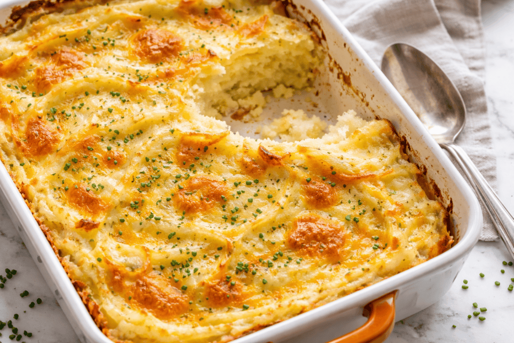 Delicious baked mashed potato casserole with golden crust and herbs.