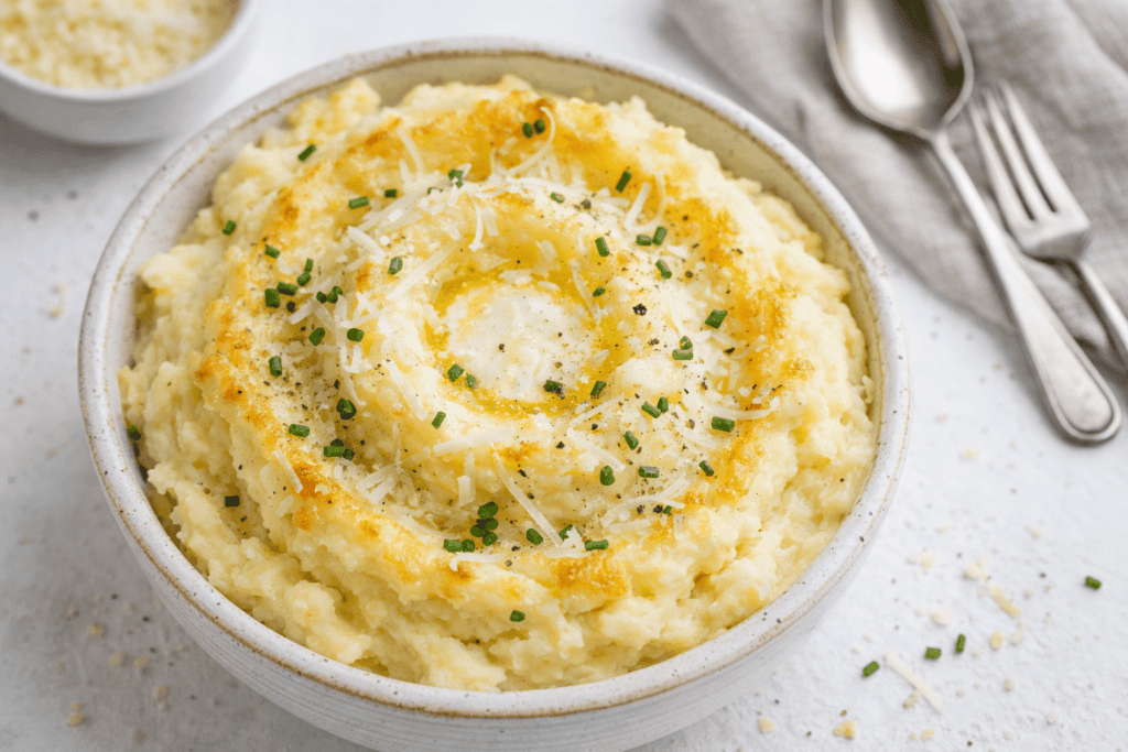 Mashed potatoes topped with chives, butter, and cheese for a delicious side dish. Perfect for family.
