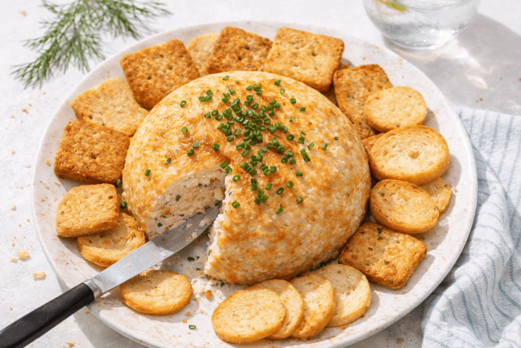 Delicious cheese ball surrounded by crispy crackers and garnished with fresh chives, perfect for app.