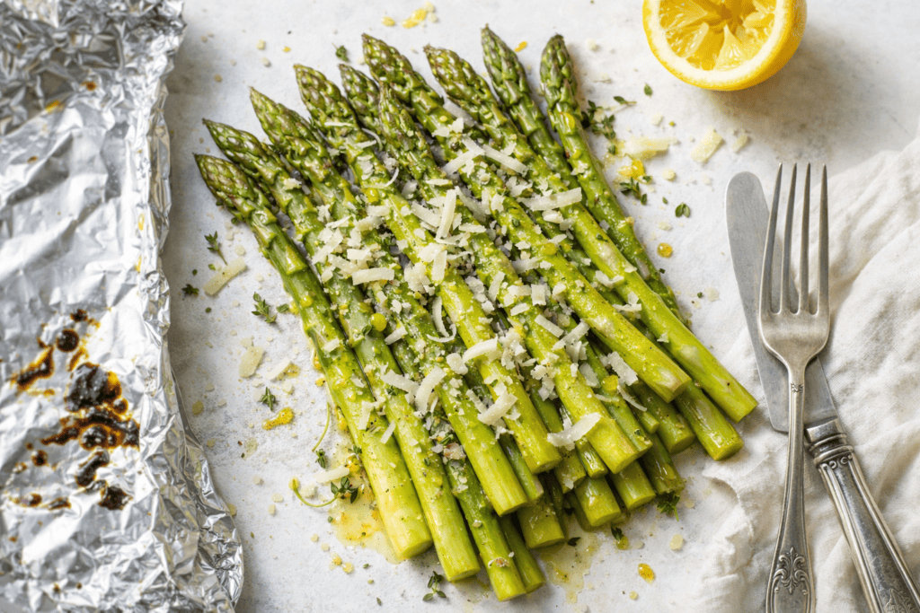 Roasted asparagus topped with cheese, served with lemon wedge for a flavorful vegetable dish.