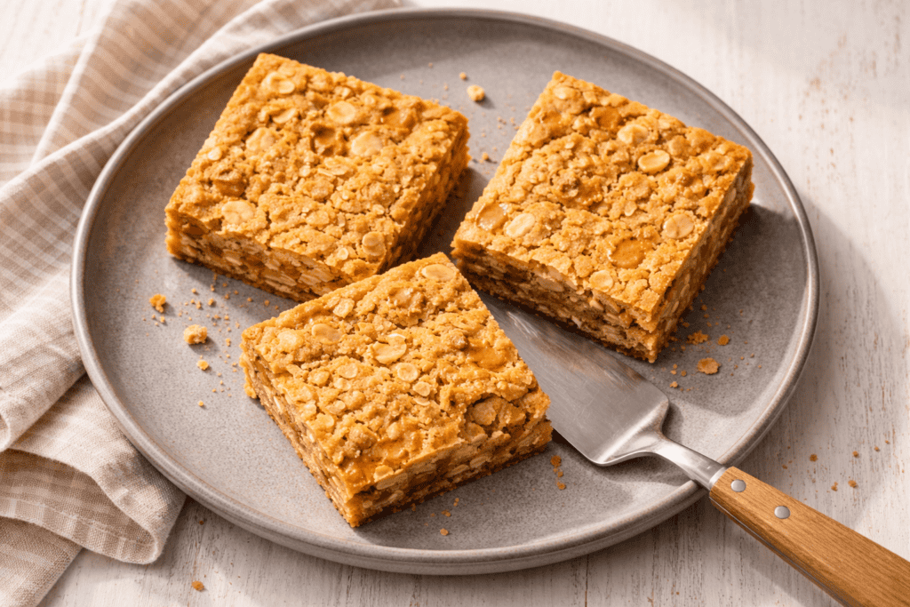 Oatmeal cookie bars with a golden, crumbly texture and chewy oats. Perfect for snacking or dessert.